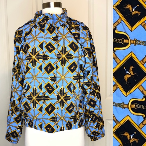 Vintage 1990 Liz Claiborne Jacket Small Horses Blue Hood Gold Petite Equestrian - Picture 2 of 8